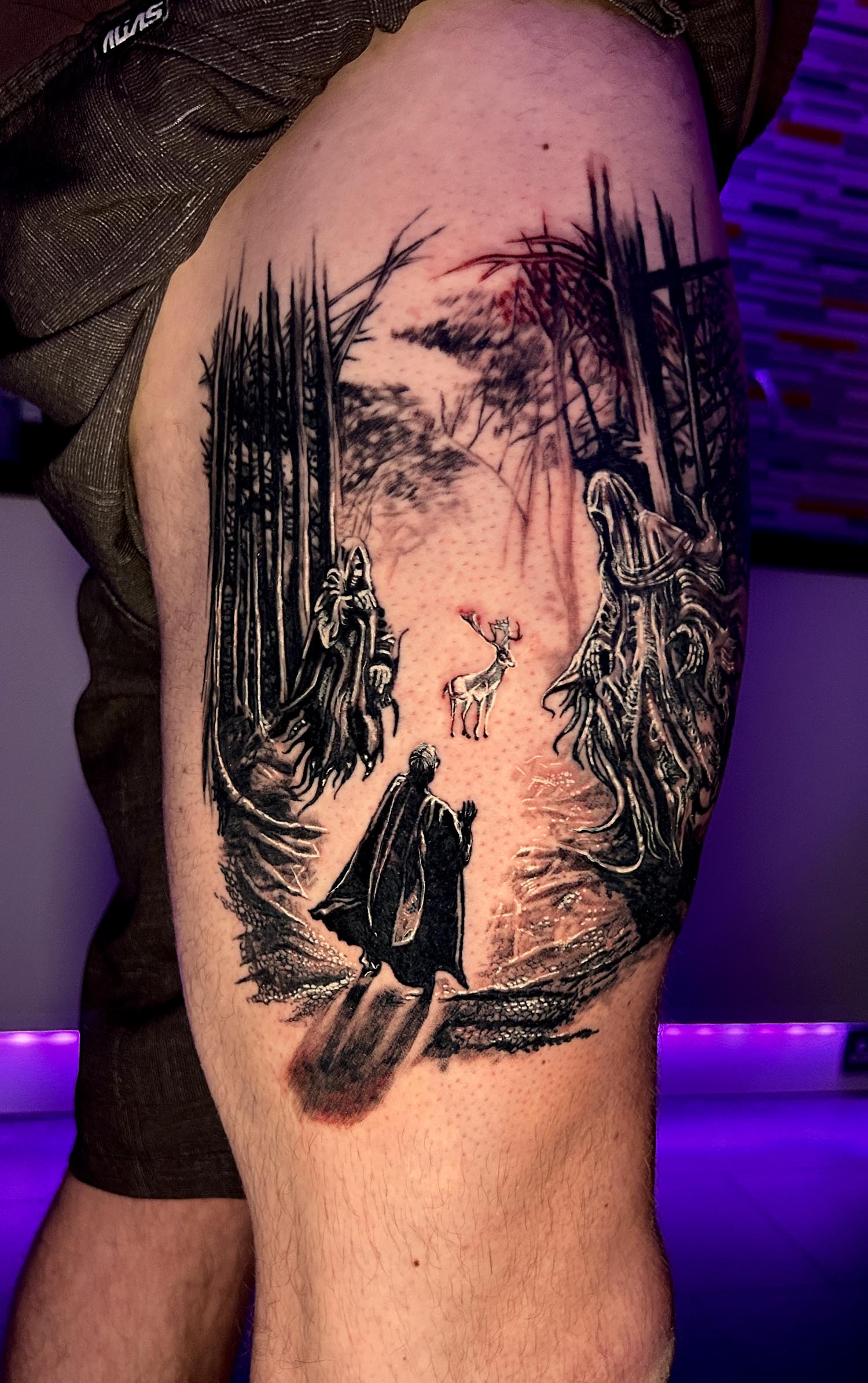 Black and grey Harry Potter style tattoo