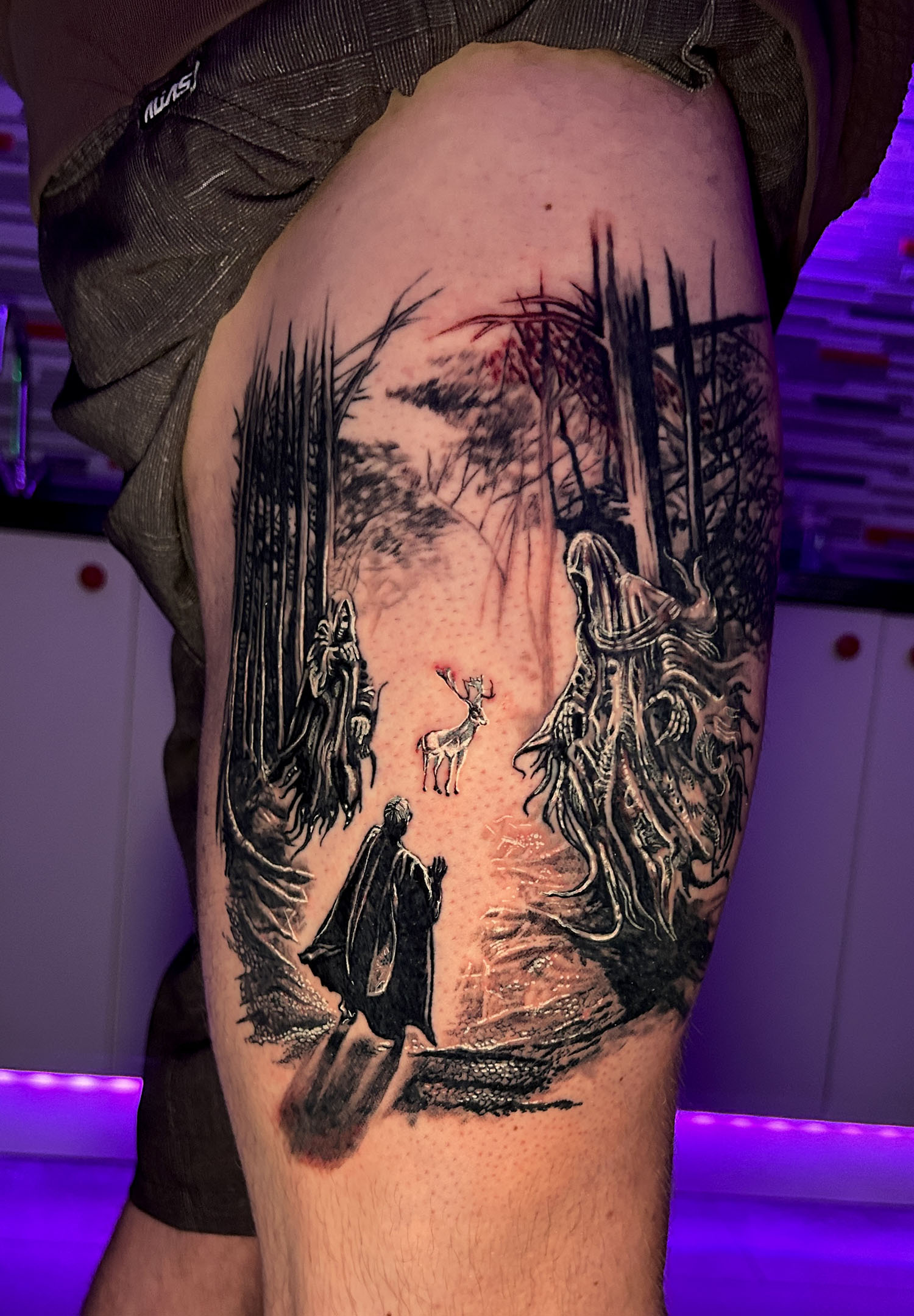 Black and grey Harry Potter style tattoo