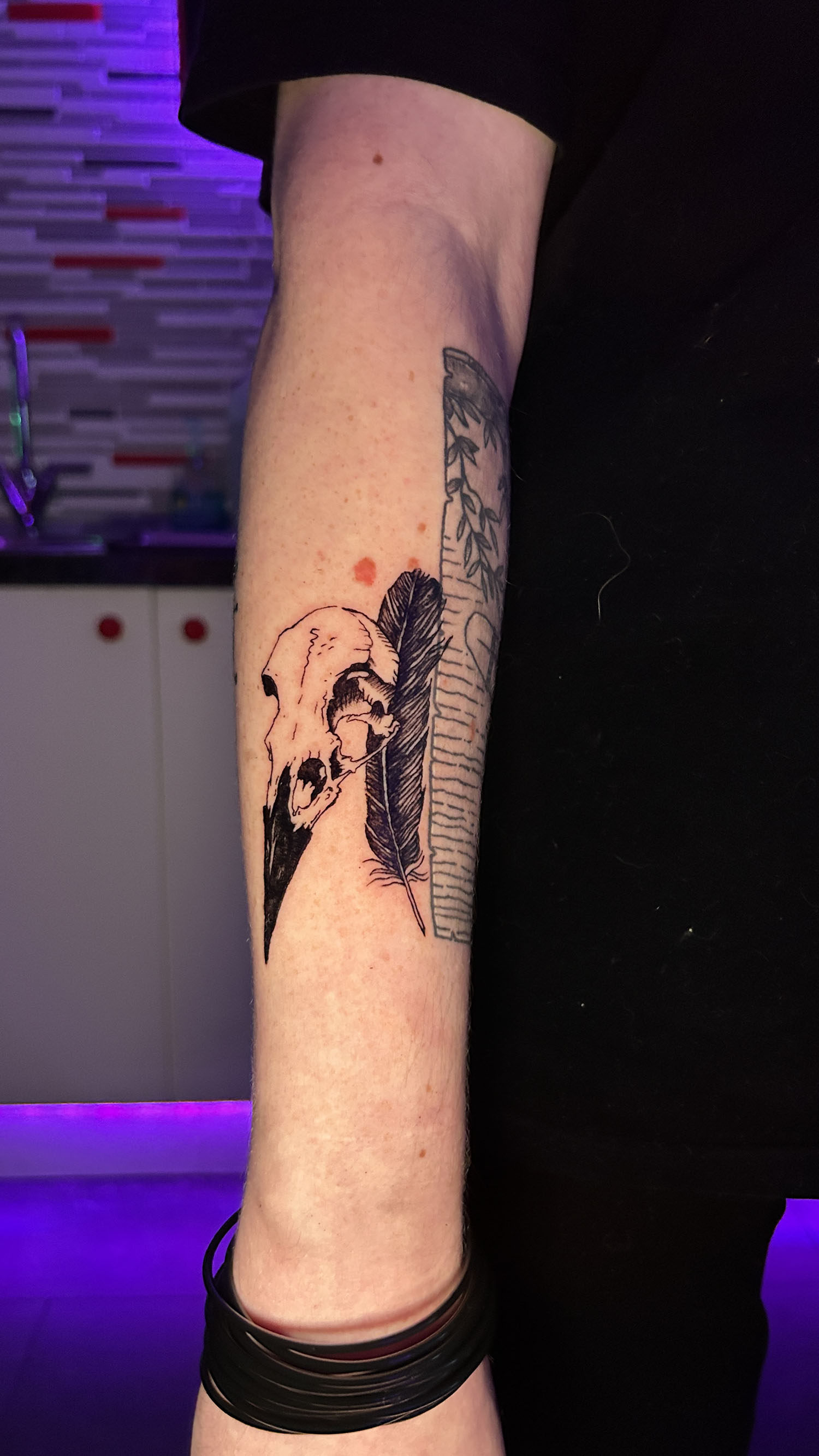 Crow skull and Feather black and line work tattoo